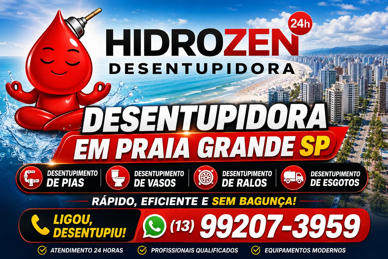 Equipe e identidade visual da Desentupidora Hidrozen em Praia Grande com destaque para o atendimento técnico 24 horas